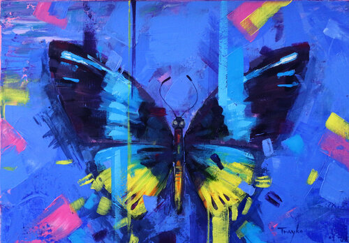 Butterfly | Flowers | Blue van Trayko Popov, Schilderij te koop op Singulart