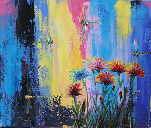 Dragonfly | Flowers | Garden van Trayko Popov, Schilderij te koop op Singulart
