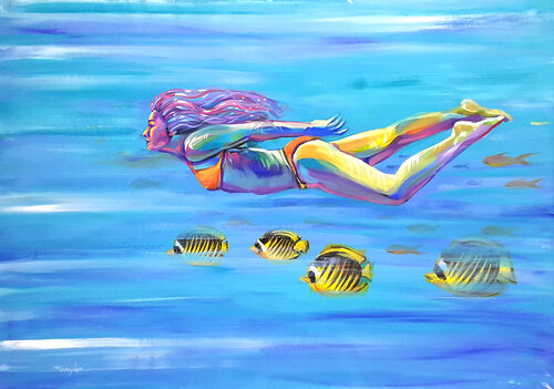 Underwater in the afternoon | Ocean | Exotic fishes van Trayko Popov, Schilderij te koop op Singulart