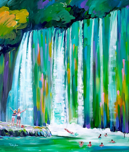 Waterfall in Quiet Forest van Trayko Popov, Schilderij te koop op Singulart