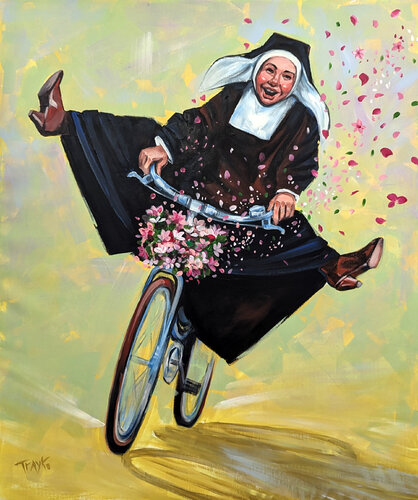 Action. Nun with a bicycle van Trayko Popov, Schilderij te koop op Singulart