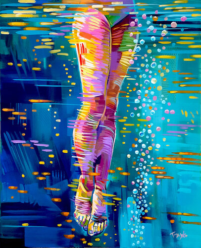 Underwater swimming in sea van Trayko Popov, Schilderij te koop op Singulart