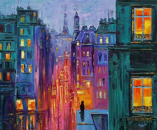 City Cat and Night Lights van Trayko Popov, Schilderij te koop op Singulart