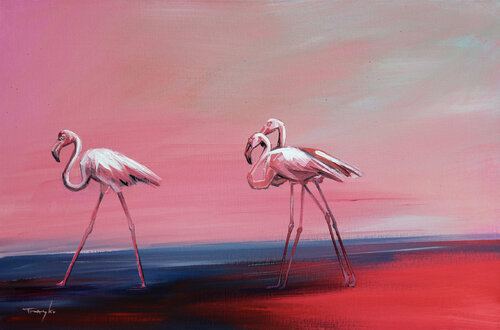 Flamingos. Flamingoes. Fire birds. Morning walking. Landscape. Birds in the Water. Country. Autumn. van Trayko Popov, Schilderij te koop op Singulart