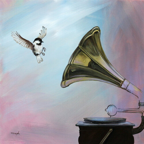 Gramophone. Song of the bird. Morning sound. Nature sound van Trayko Popov, Schilderij te koop op Singulart