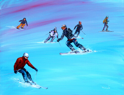 Skiing. Ski slope. Skiers. Snowboarding Competition. Outdoor di Trayko Popov, Pittura in vendita su Singulart