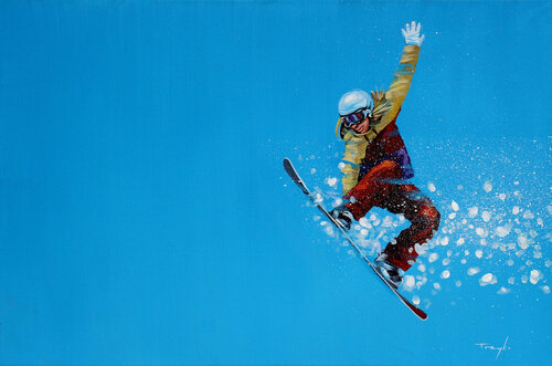 Snowboard Jump. Ski slope. Skiers. Snowboarding Competition. Ski van Trayko Popov, Schilderij te koop op Singulart