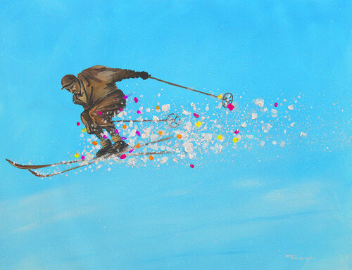 Ski jumping. Winter sport. Retro athlete. van Trayko Popov, Werk op papier te koop op Singulart