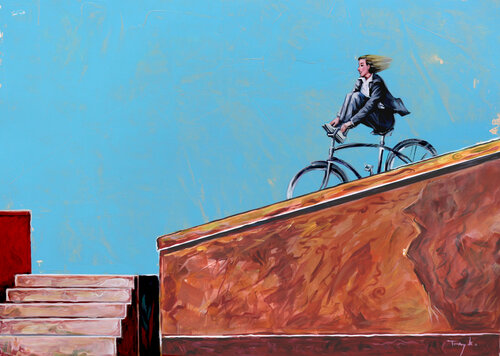 Down the Stairs. Speed. Bicycle. Bike. van Trayko Popov, Werk op papier te koop op Singulart