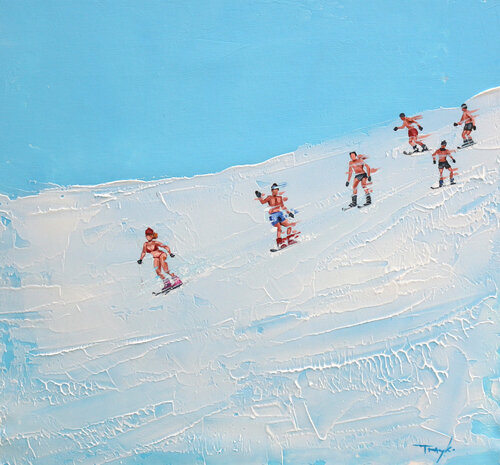 A Bunch of Skiers in Swimsuits. Snow. Winter. Hot weather. Skiing in swimwear van Trayko Popov, Schilderij te koop op Singulart