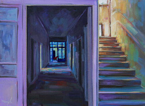 Red chair.  Dark corridor. Sunny stairs. di Trayko Popov, Pittura in vendita su Singulart
