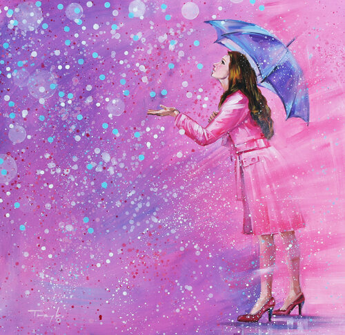 Spring Rain. Umbrella. Raining. van Trayko Popov, Schilderij te koop op Singulart