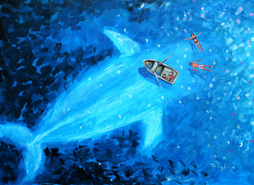 Vacation, Ocean, Caribbean, Open Waters, Whale, Marine Mammals, Swimming van Trayko Popov, Werk op papier te koop op Singulart