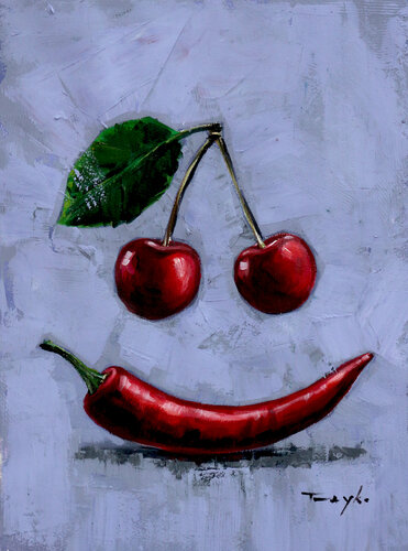 Smiling Cherries. Funny Delicious Fruits. Smiling. Healthy Food. Cherry fruit nutrition facts. van Trayko Popov, Werk op papier te koop op Singulart