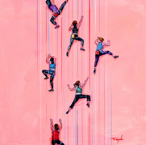 Brave women. Risk, courage, and girls. Climbing. Climbers van Trayko Popov, Schilderij te koop op Singulart