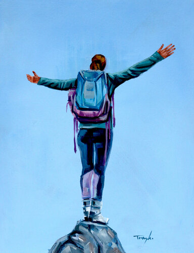 Lady on the top. Conqueror of the mountain. Climber van Trayko Popov, Schilderij te koop op Singulart