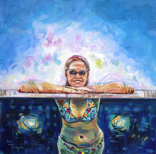 In the pool. Swimming. Hot weather van Trayko Popov, Schilderij te koop op Singulart