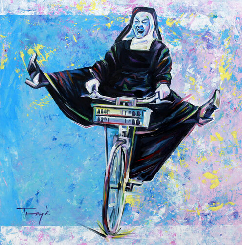 Bicycle. Bike. Nun with a bicycle van Trayko Popov, Schilderij te koop op Singulart