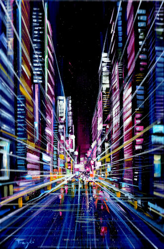 Night Street | City Lights | New York van Trayko Popov, Schilderij te koop op Singulart
