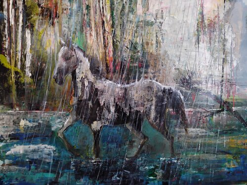 Le cheval et l 'étang  des gouttes grises de Denise Petitjean, Pintura a la venta en Singulart