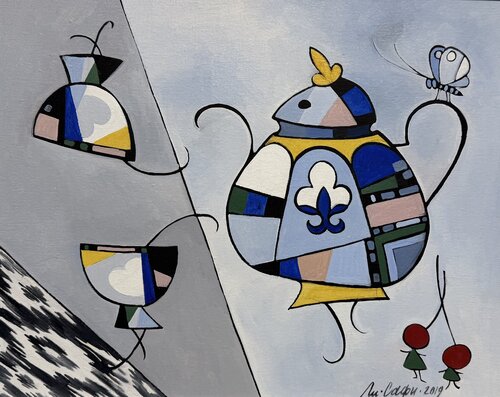 Pahta Still Life: A Geometric Tea Ritual par Li-Safi Mariya, Peinture en vente sur Singulart
