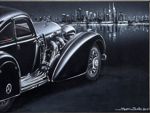Classic Mercedes and City Skyline di Art by Saša Spasić, Pittura in vendita su Singulart