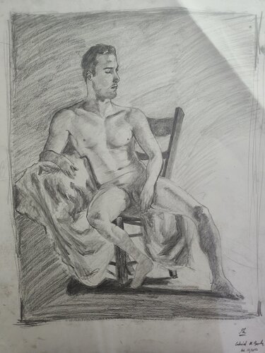 Calm Natural Male Figure Arm hanging off Chair von Gabriel Broady, Zeichnungen kaufen auf Singulart