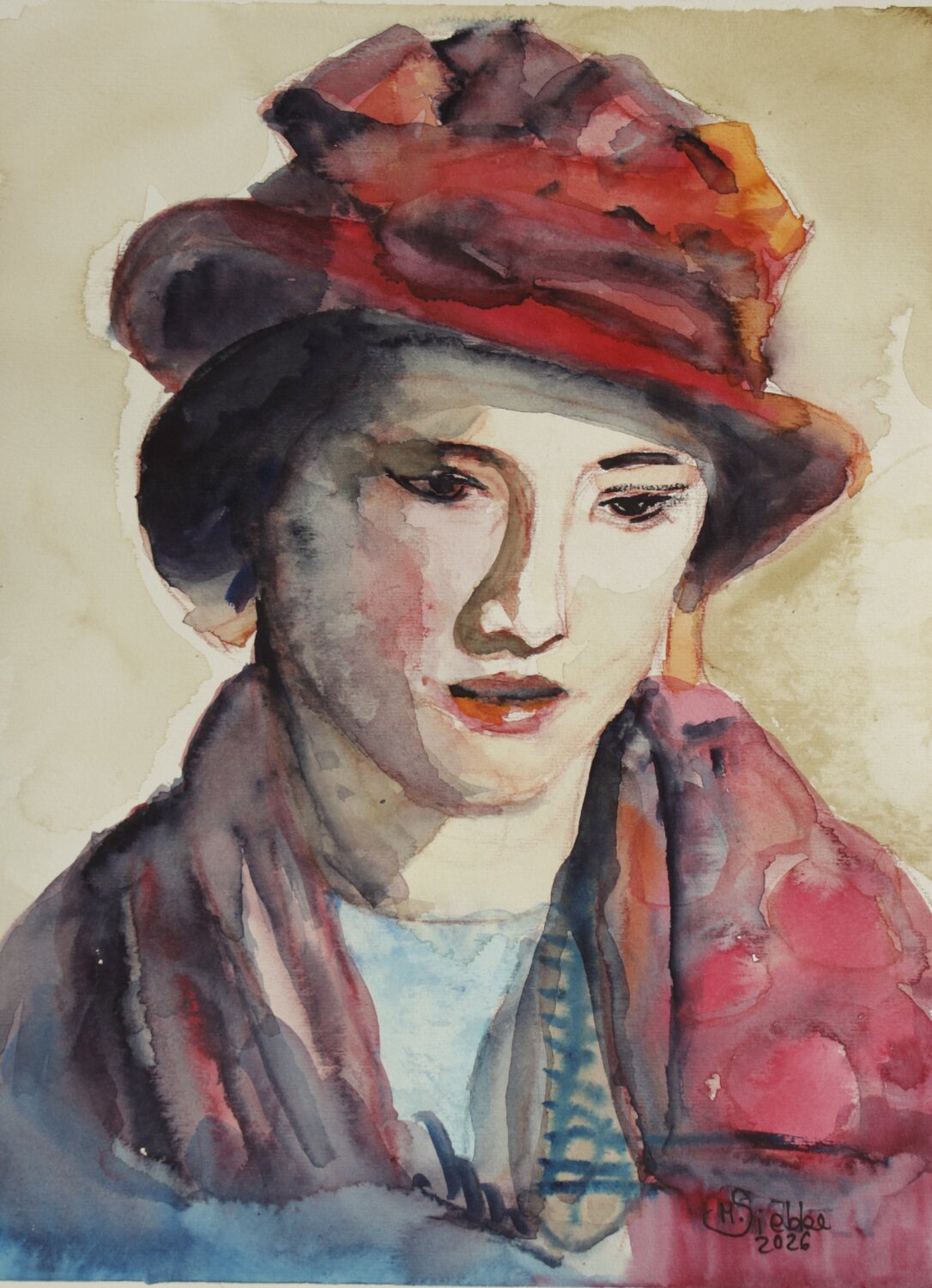 Dame mit rotem Hut Margarita Siebke Peinture originale à vendre