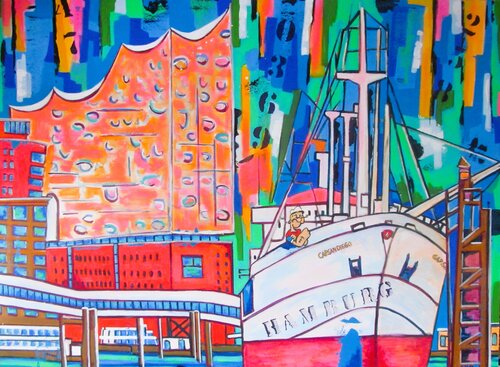 "Cap San Diego vor Elbphilharmonie mit Popeye" par Max Kuba, Peinture en vente sur Singulart