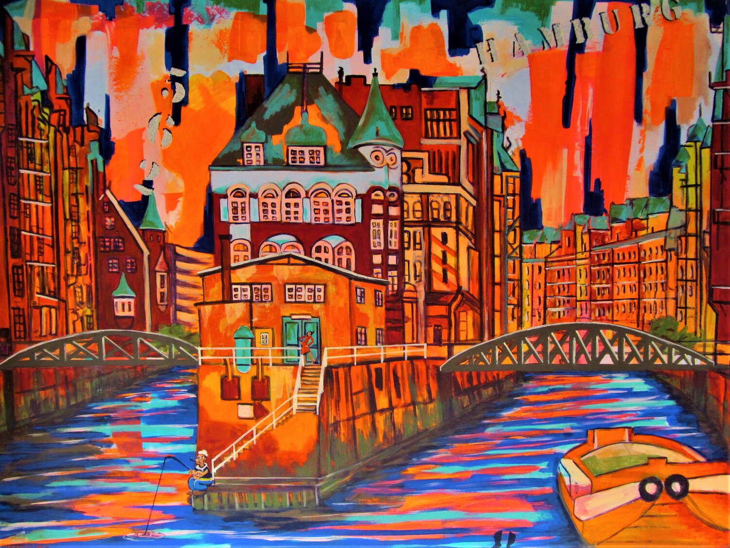 "Abend in der Speicherstadt" Max Kuba Pintura original en venta