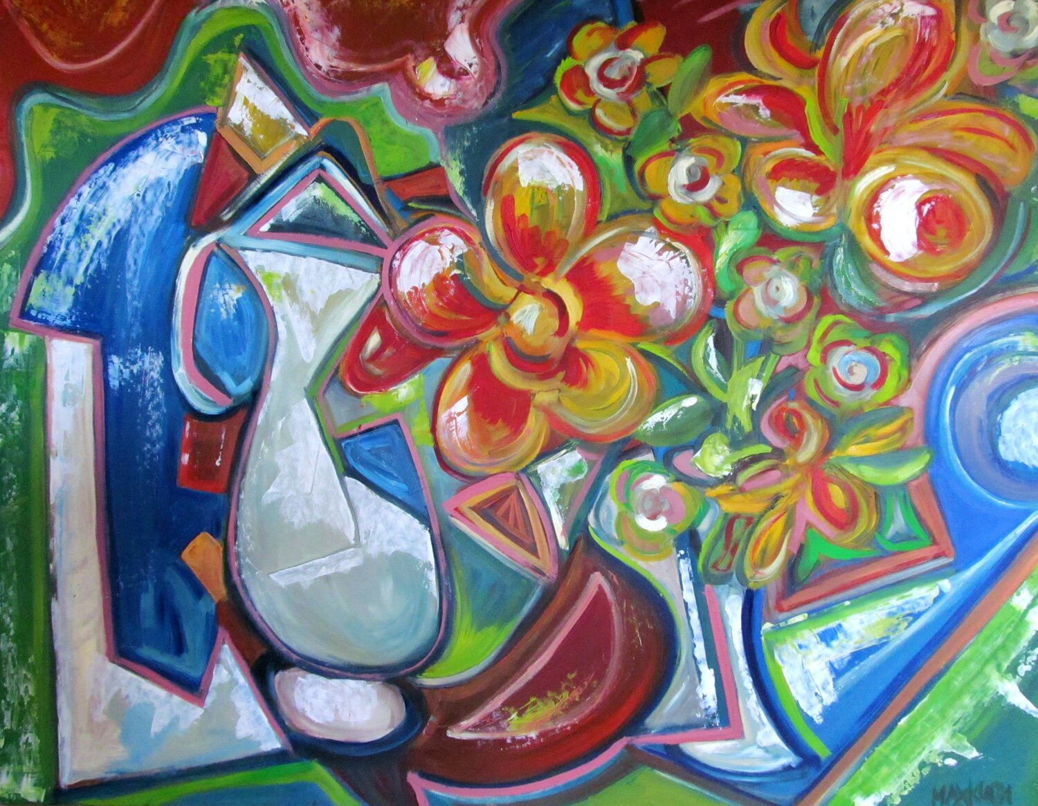 "Blumenvase mit Krug und Schinken" Max Kuba Dipinto originale in vendita