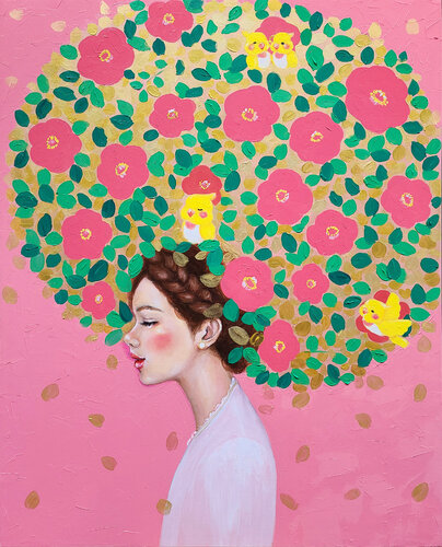 Manifestation: Pink Camellia Girl di Eury (Yeahgean) Kim, Pittura in vendita su Singulart