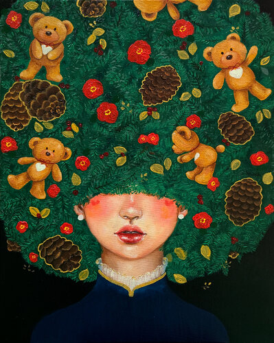 Manifestation: Teddy bears and Camellia tree di Eury (Yeahgean) Kim, Pittura in vendita su Singulart