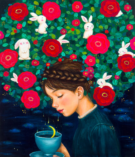 The Camellia Girl & her Moon Scented Tea van Eury (Yeahgean) Kim, Schilderij te koop op Singulart