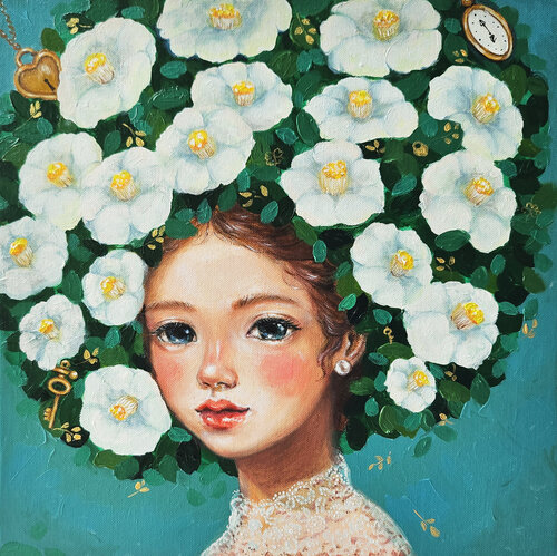 White Camellia girl in Blue van Eury (Yeahgean) Kim, Schilderij te koop op Singulart