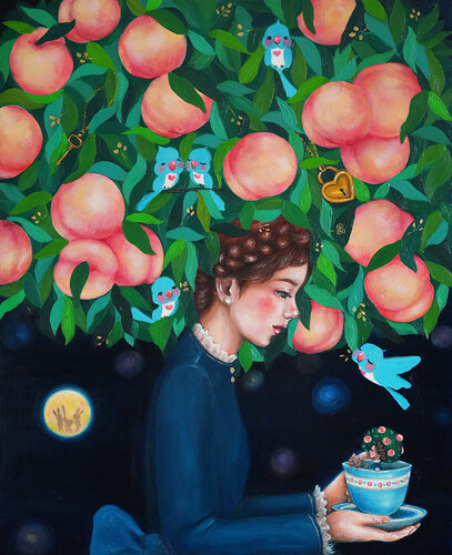 Peach Girl with a Teacup Peach Girl van Eury (Yeahgean) Kim, Schilderij te koop op Singulart