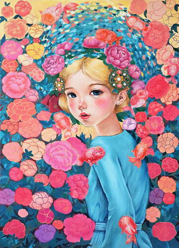 Peony Girl with Nine Ranchu Fishes van Eury (Yeahgean) Kim, Schilderij te koop op Singulart