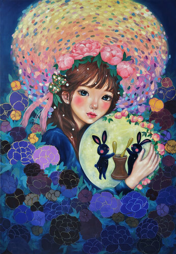 Peony Girl with Moon Rabbits van Eury (Yeahgean) Kim, Schilderij te koop op Singulart
