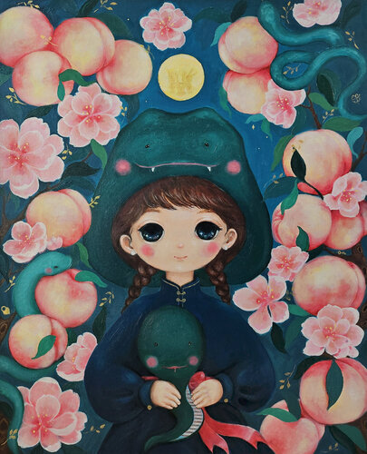 Snake Girl & Peach Blossom van Eury (Yeahgean) Kim, Schilderij te koop op Singulart