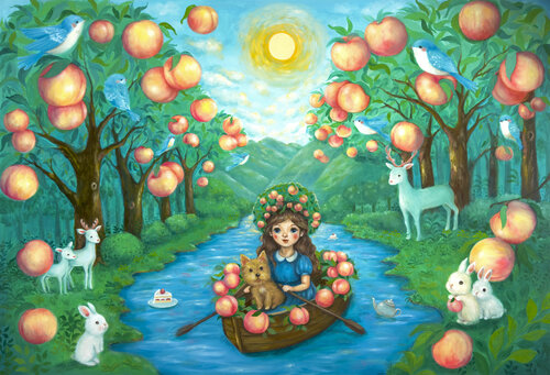 Paradise Afloat in the Peach Forest by Eury (Yeahgean) Kim, Painting for Sale on Singulart