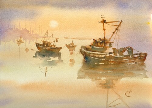 Moonlight in the Harbor de Tamara Selyangina, Pintura a la venta en Singulart