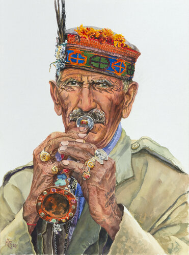 Portrait of a musician from the village of Jagatsukh in Himachal Pradesh, India. by Natalia Zaitseva-Borisova, Painting for Sale on Singulart