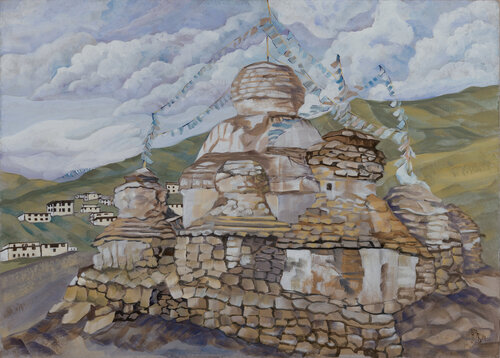 Old Stupas near Kibber, Spiti Valley, India by Natalia Zaitseva-Borisova, Painting for Sale on Singulart