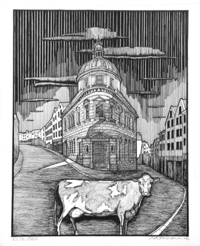 GUERNSEY | COW IN HIGH STREET de Natasha K. He, Dibujo a la venta en Singulart