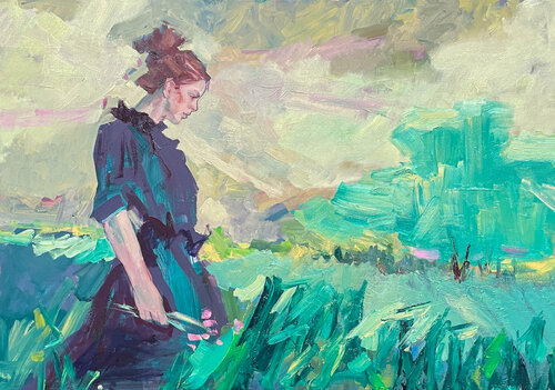 Mit dem Blumenstrauß di Arsentij Pawlow, Pittura in vendita su Singulart
