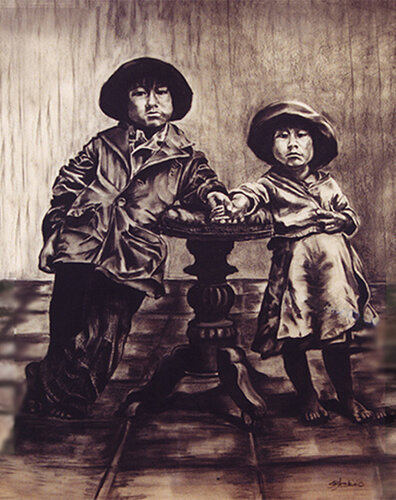 Cuzco Children Charcoal After Irving Penn von Sherie Harkins, Zeichnungen kaufen auf Singulart