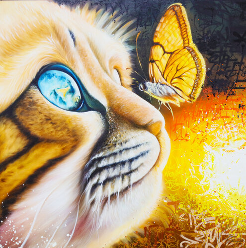 LE CHAT ET LE PAPILLON van Vincent Bardou, Schilderij te koop op Singulart