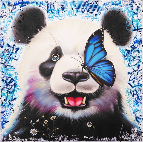 Panda With The Blue Butterfly par Vincent Bardou, Peinture en vente sur Singulart