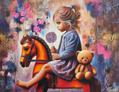 La fillette à la Sucette Sur Son Cheval di Vincent Bardou, Pittura in vendita su Singulart