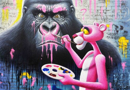 Pink Panther Vs Kong di Vincent Bardou, Pittura in vendita su Singulart